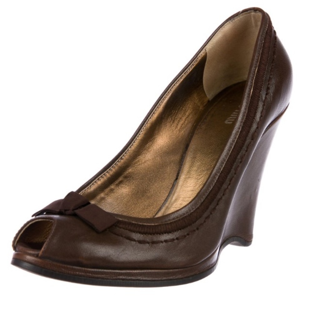 MIU MIU • Leather Peep Toe Wedges